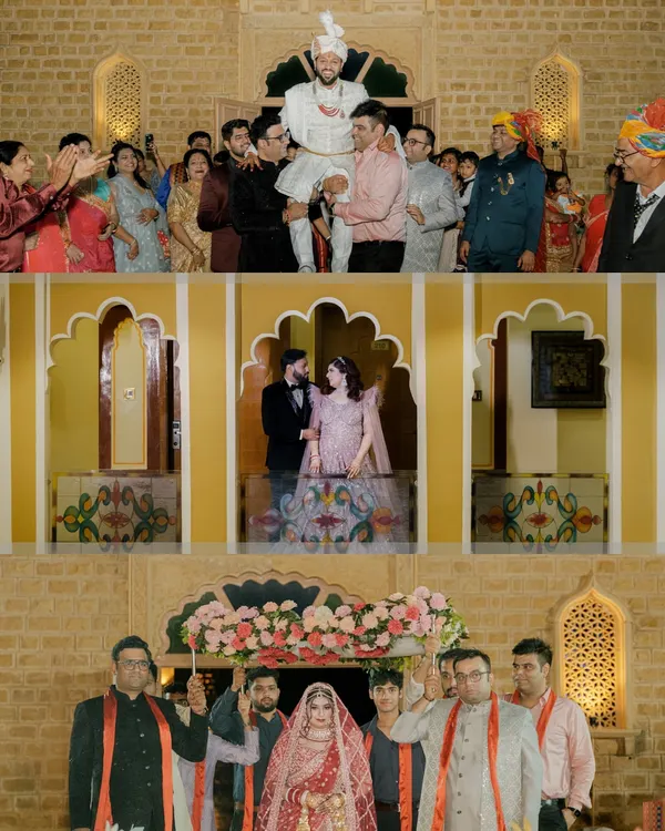 A collage capturing the key moments of a grand wedding entrance: the groom carried in triumph, the couple's first appearance, and the bride's entry under a phoolon ki chaadar.