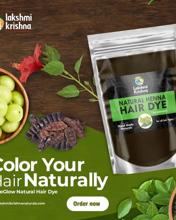 Color your hair naturally with our PureGlow Natural Hair Dye. This image showcases the natural ingredients like amla and hibiscus that go into our handmade henna dye, offering a safe and healthy way to cover greys.