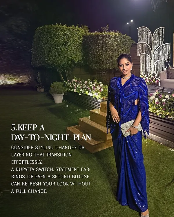 A styling tip on keeping a day-to-night plan. This client's blue sequined cape set is a perfect example of a look that transitions effortlessly from a day ceremony to an evening reception.