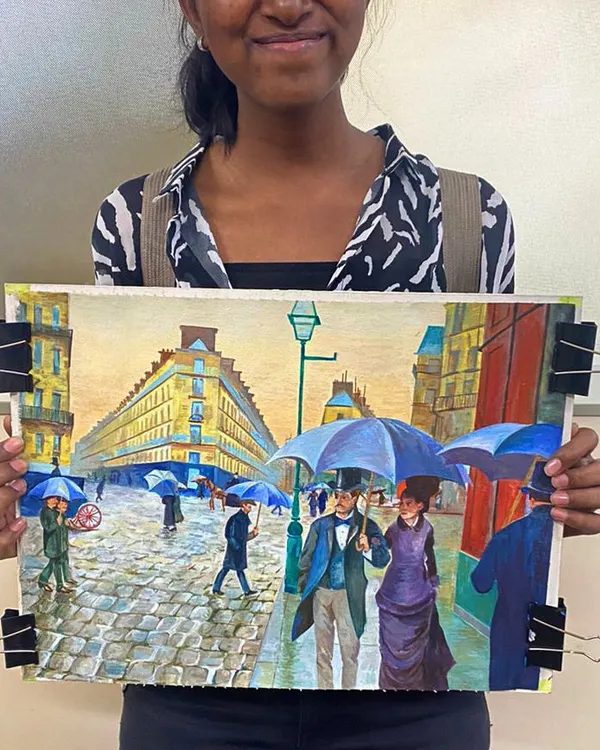 This stunning recreation of Gustave Caillebotte’s "Paris Street; Rainy Day" is a portfolio piece from one of my students. We worked together to master two-point perspective, complex composition, and the interplay of light and shadow to bring this classic scene to life with acrylics. This is the level of work that gets you noticed by top design schools.