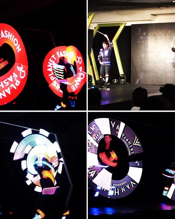 This collage showcases the different visual elements from my performances for the Van Heusen launches in Delhi and Mumbai. It features custom logo displays on the Cyr wheel and pixel poi, demonstrating the versatility I offer for a single branding event.