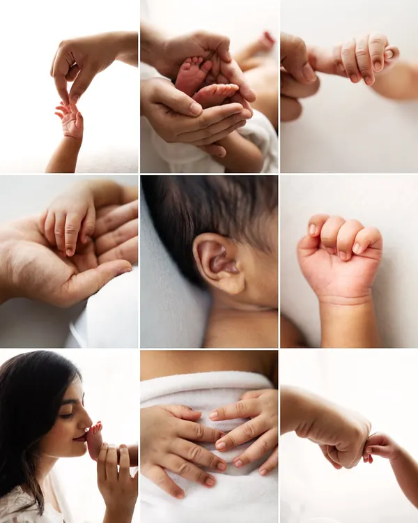 A collage of all the little things: tiny hands, wrinkly feet, a mother's kiss, and a father's touch. These are the details that make up the big picture of your love story.