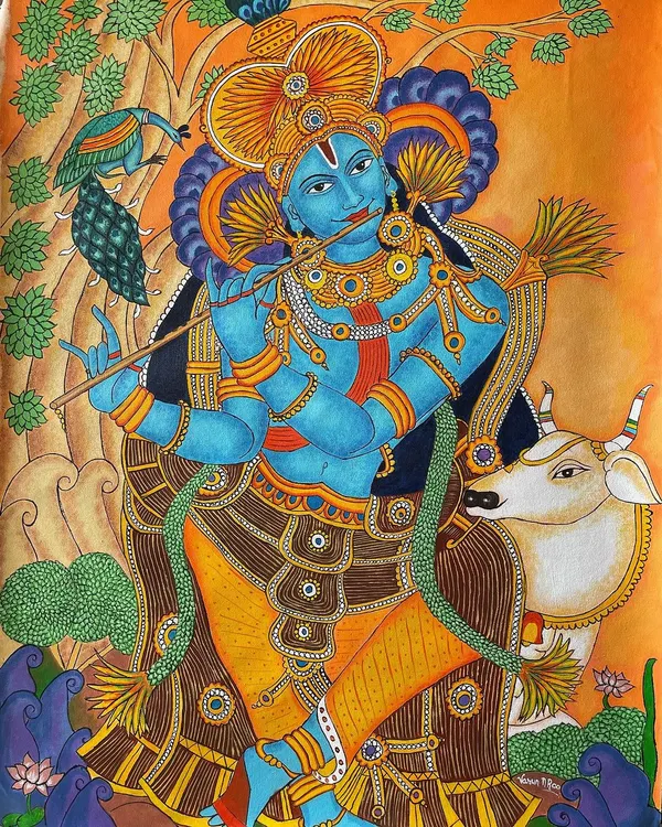 This Kerala mural style painting of Lord Krishna was a beautiful challenge I took on for a client. It was my first time attempting this intricate, traditional art form, and it was a deeply rewarding process to bring this vibrant, divine scene to life on a large canvas.