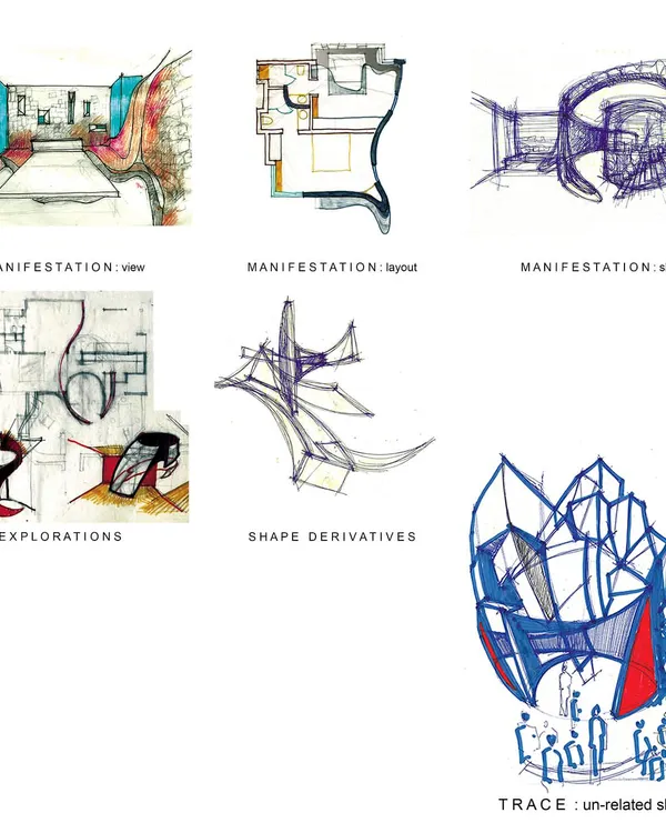 My design process is rooted in theory and art. It begins with hand-done sketches, like these explorations for a filmmaker's apartment, that evolve from abstract ideas into concrete architectural elements.