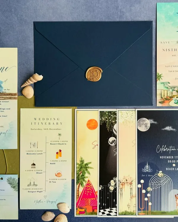 The complete wedding stationery suite for NP's beach wedding. This image showcases the main invite, a detailed wedding itinerary with charming icons, and separate illustrated cards for each function, ensuring a cohesive experience for guests.