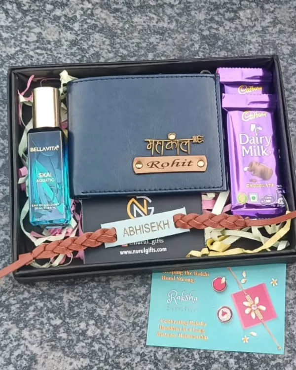 A complete Rakhi hamper for your brother. This includes a personalized wallet, a leather-strap Rakhi, Bella Vita perfume, Dairy Milk chocolates, and a Raksha Bandhan card.