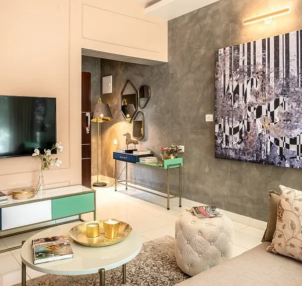 "The Monochrome Horse" painting finds its place in this stunning modern home. The striking contrast of black and white adds a graphic, artistic element to the space, complementing the room's sophisticated color palette.