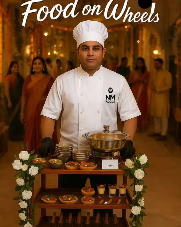 This is our signature 'Food on Wheels' service, a modern take on the grazing experience. A uniformed chef brings freshly prepared, gourmet bites directly to your guests on a beautifully styled cart, creating an interactive and luxurious touch that makes any event unforgettable.