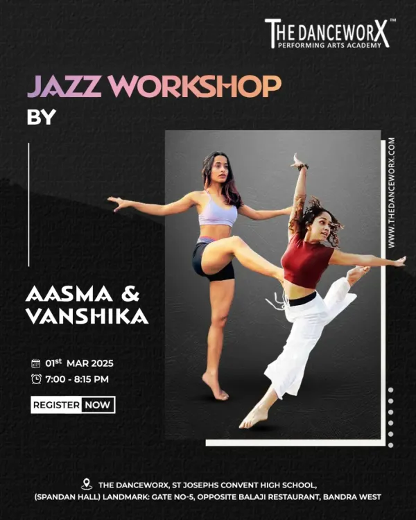 A poster for our Jazz Workshop in Bandra, led by our talented instructors Aasma and Vanshika. These open workshops are perfect for honing your jazz technique.