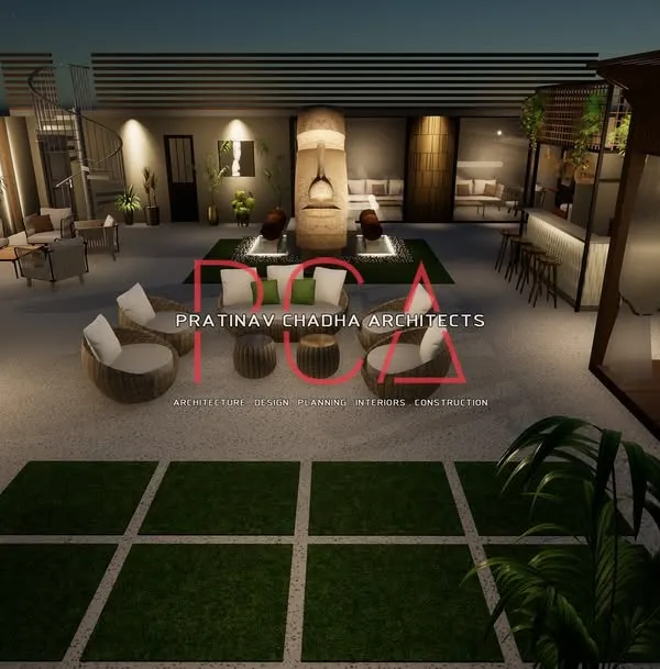 A visualization of a beautifully designed terrace garden at night. This view shows multiple seating areas, a stylish bar, and a central water feature with a statue, creating an ideal space for entertaining.