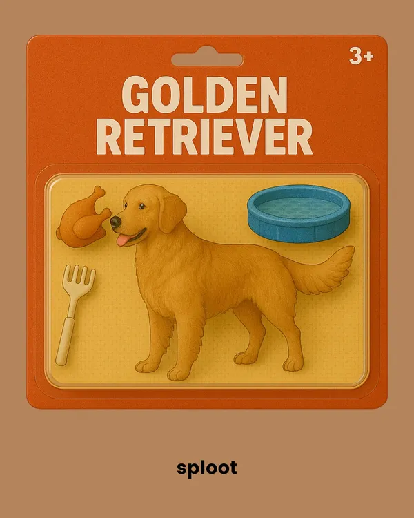 If your dog was an action figure, what accessories would they come with? This Golden Retriever starter pack comes with a toy chicken, a water bowl, and a fork for distinguished dining.