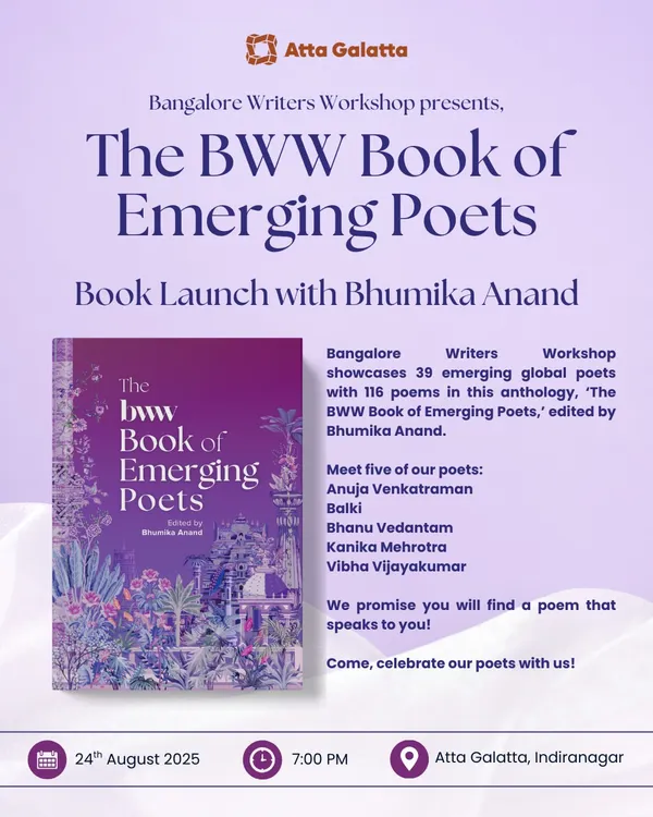 Poster for the book launch of 'The BWW Book of Emerging Poets', a celebration of new voices in poetry.