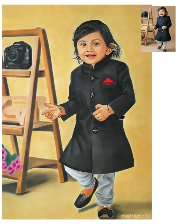 This A1 size portrait of a little boy in a formal coat is absolutely adorable. The large format allowed me to capture the texture of his coat and his charming expression in great detail using colored pencils.