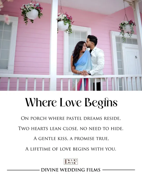 Where love begins. A gentle kiss on the porch of a pastel-pink house creates a dreamy, storybook feel. I use soft focus and floral elements to enhance the romantic atmosphere.