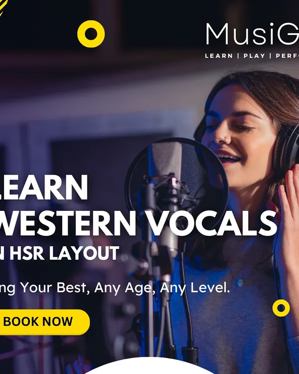 Find your voice with our Western Vocal classes in HSR Layout. This graphic highlights our offering for singers of any age and any level to perfect their pitch and sing with confidence.
