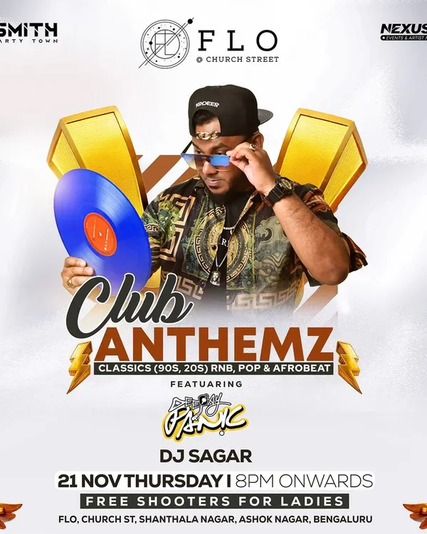 The flyer for "Club Anthemz" at Flo, Church Street. An exclusive hip hop party and ladies night with free shooters.