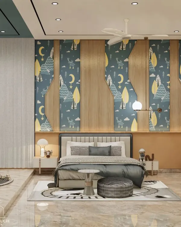 A full view of a child's bedroom designed with a whimsical forest theme. The room combines playful wallpaper with sophisticated wood paneling, creating a space that is both fun for a child and stylishly designed.