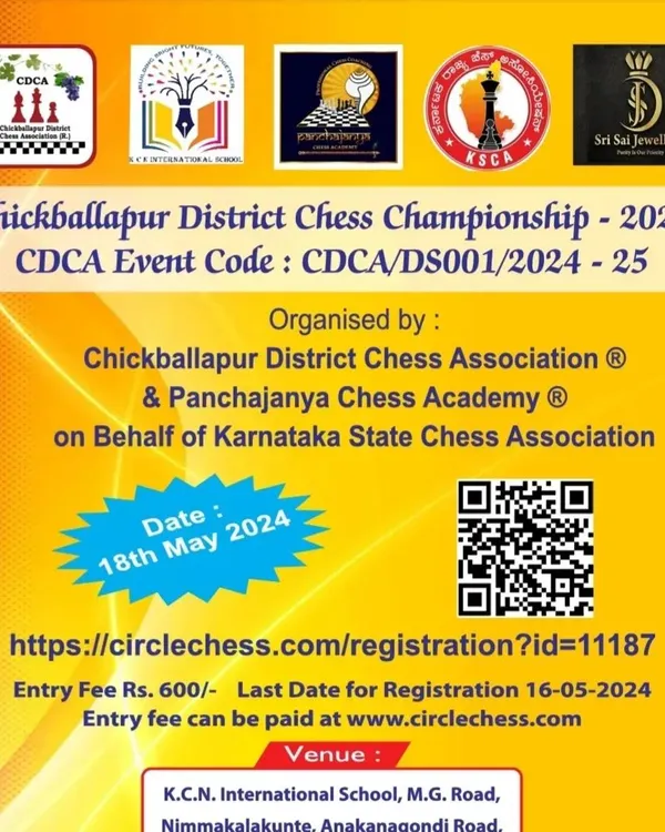 Poster for the Chickballapur District Chess Championship 2024, organized in collaboration with the district and state chess associations. My role involves complete event management from registration to prize distribution.