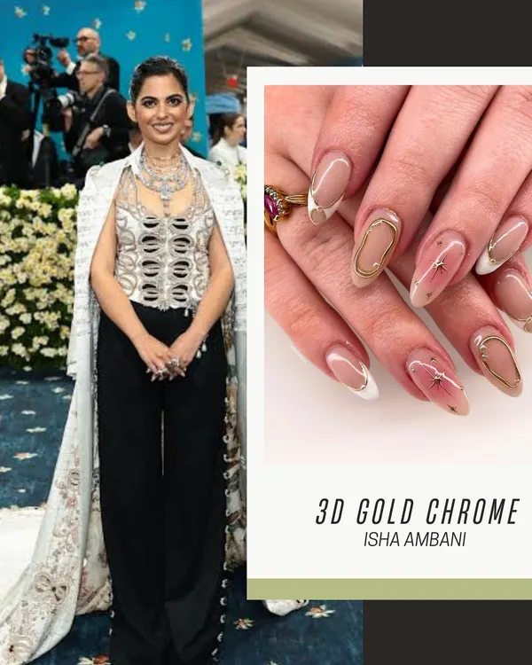 Inspired by Isha Ambani's Met Gala look, this set features stunning 3D gold chrome accents. It's a design that brings red carpet glamour to your fingertips.
