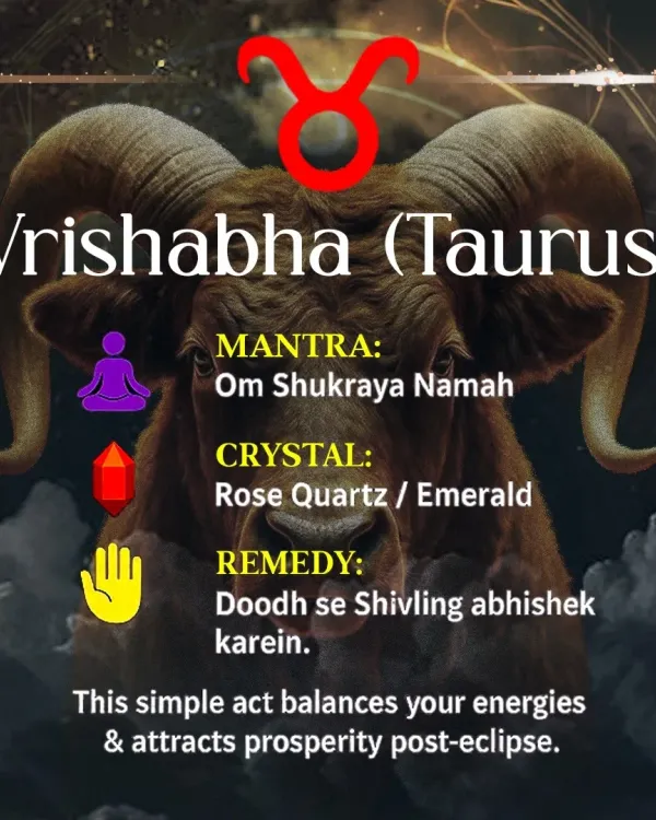 This post provides a mantra, crystal, and remedy for Vrishabha (Taurus) rashi to balance energies and attract prosperity after the lunar eclipse. A simple act like offering milk on a Shivling can make a difference.