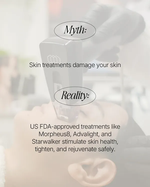 Myth: Skin treatments damage your skin. Reality: US FDA-approved treatments like Morpheus8, Advalight, and Starwalker are designed to work with your skin's biology, safely stimulating health, tightening, and rejuvenation.