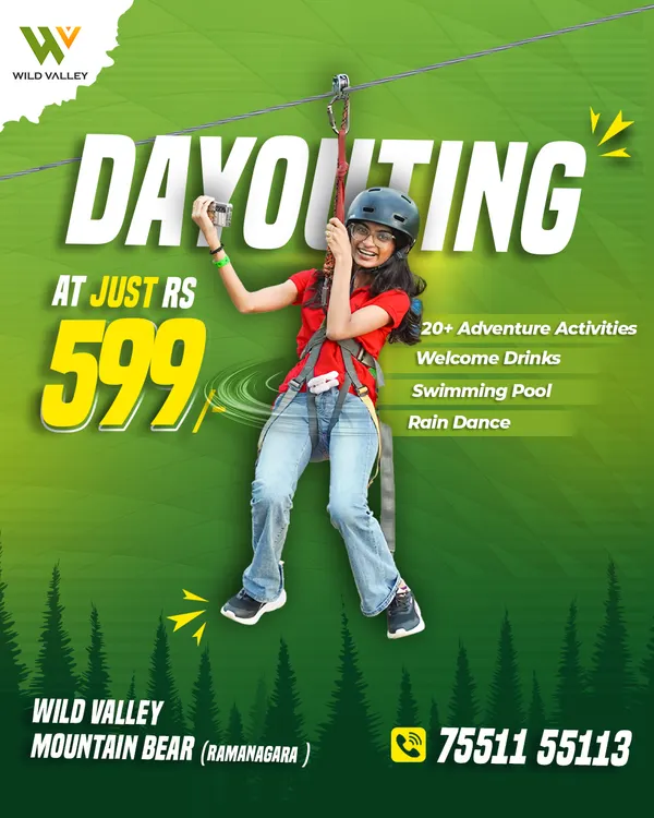 A special day outing offer at our Mountain Bear resort for just 599. This package includes 20+ adventure activities, a welcome drink, and access to the swimming pool and rain dance.
