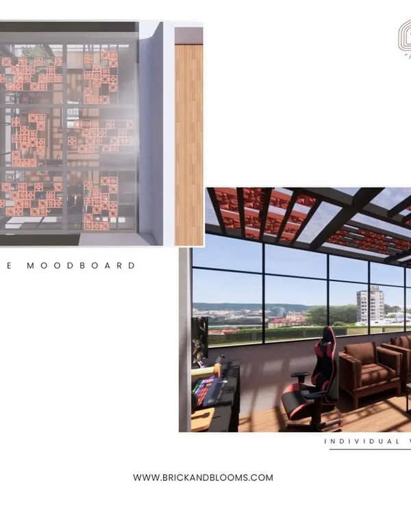 A mood board showing our design for a glass-enclosed terrace room. The standout feature is the pergola roof with terracotta jali panels, which casts artistic shadows on the floor below.