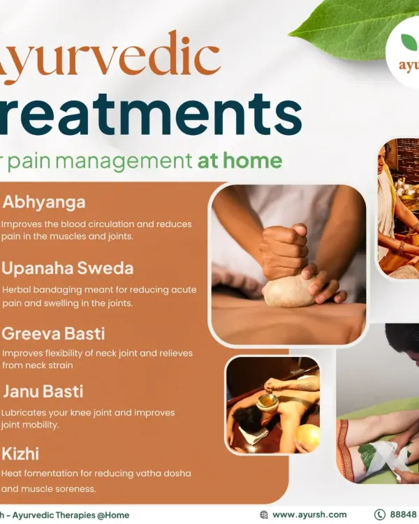 An overview of our at-home Ayurvedic treatments for pain management. We offer Abhyanga for circulation, Upanaha Sweda (herbal bandaging) for swelling, and localized Basti treatments for neck and knee joint mobility.