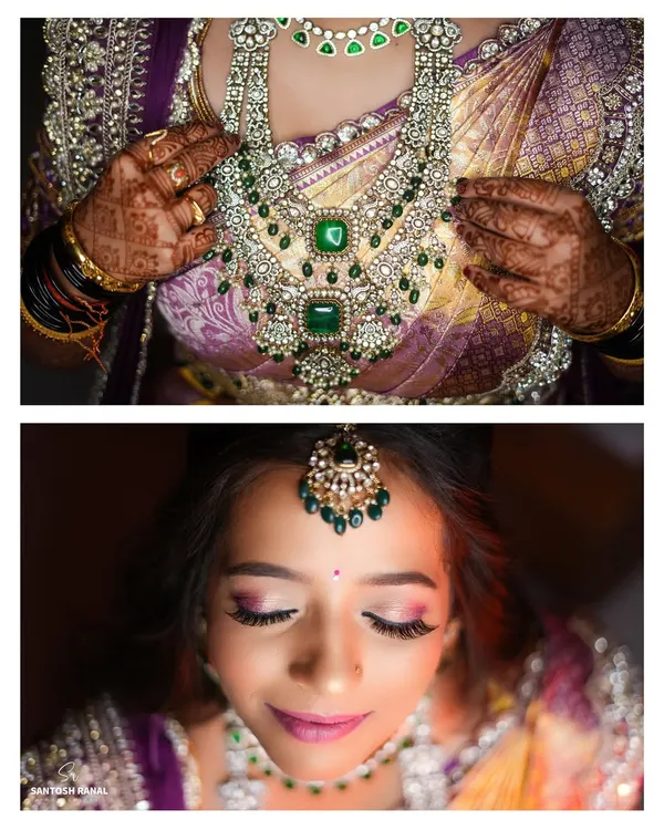 A diptych showcasing the intricate details of the bride's emerald jewelry and her flawless makeup.