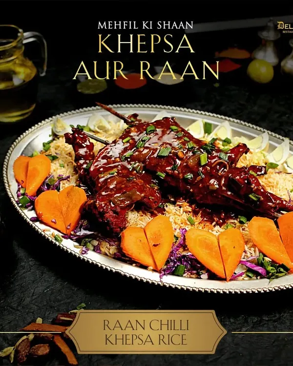 This is how you celebrate a feast. My Raan Chilli Khepsa Rice is a full platter of joy, featuring a whole spiced raan resting on a bed of aromatic Khepsa rice. Garnished with boiled eggs and heart-shaped carrots, it’s a dish made for sharing with the people you love.