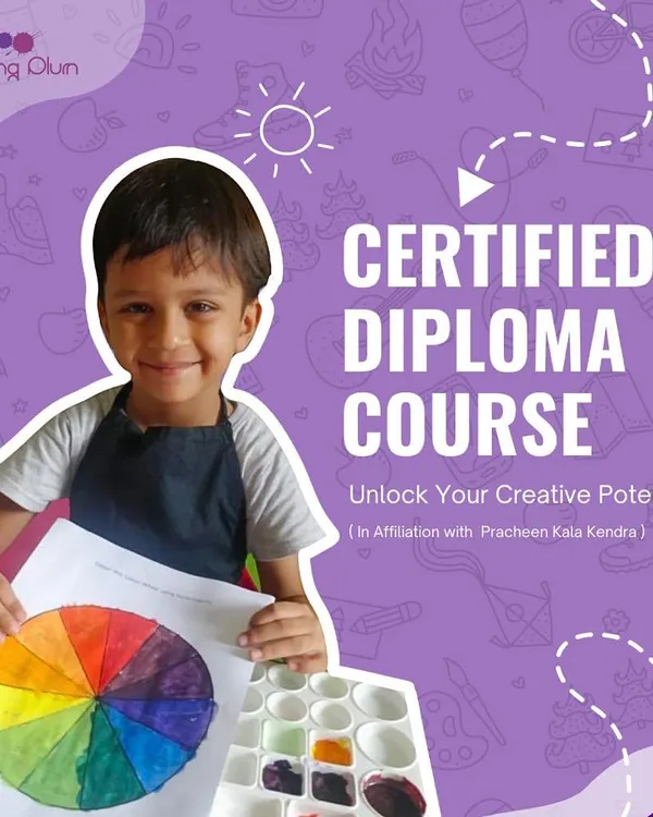 I offer a Certified Diploma Course in affiliation with Pracheen Kala Kendra for students serious about building a strong artistic foundation. This structured program, pictured here with a young student learning the color wheel, is a fantastic addition to any art portfolio.