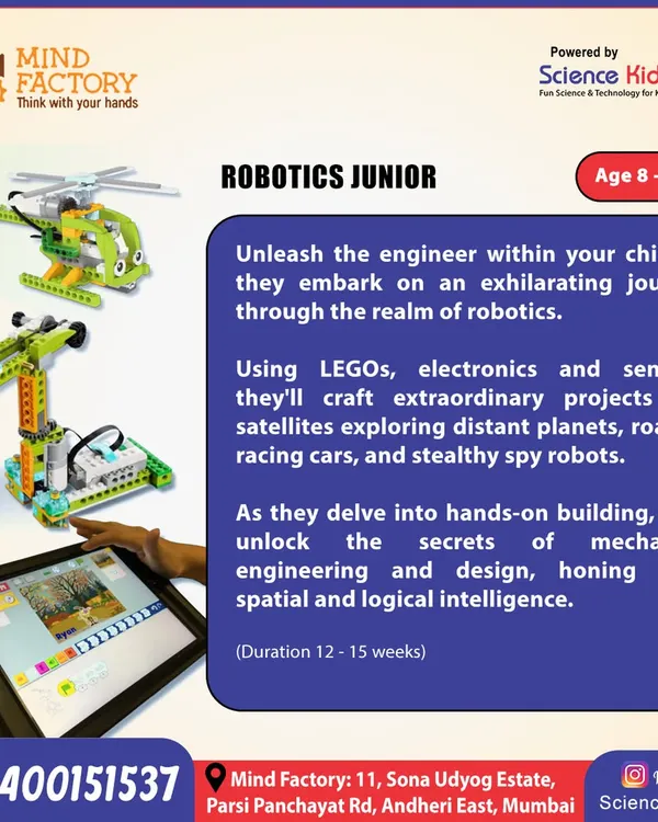 Our Robotics Junior program for ages 8-10 is where kids start building more complex projects. Using LEGOs, electronics, and sensors, they create things like racing cars and spy robots while learning about mechanics and coding.
