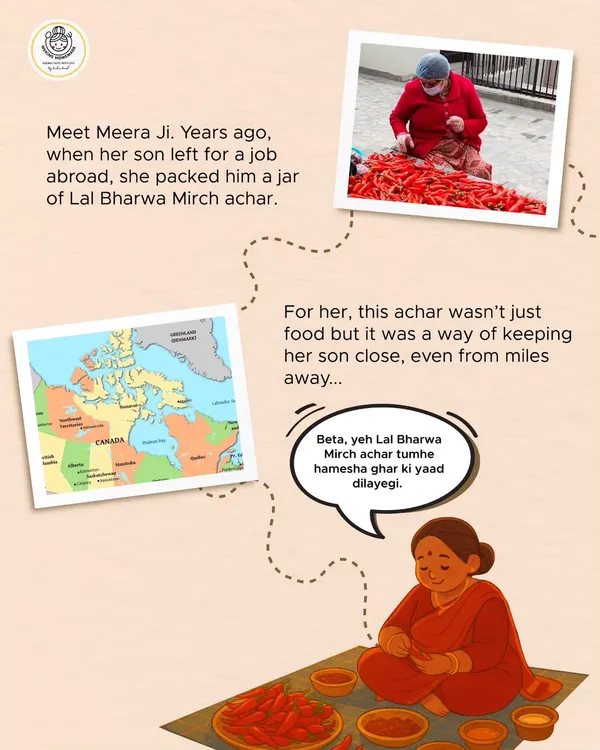 It all started years ago when my mother, Meera Ji, packed a jar of Lal Bharwa Mirch achaar for her son who was moving abroad. It wasn't just food; it was her way of sending a piece of home with him.