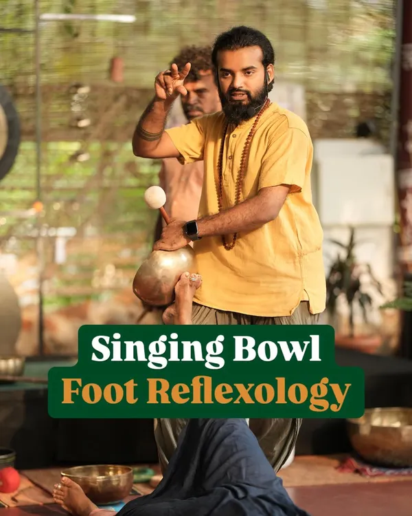 This is Singing Bowl Foot Reflexology, a technique I teach that provides instant relaxation to the feet and knees. It's a magical and effective therapy that my students love to experience and learn.