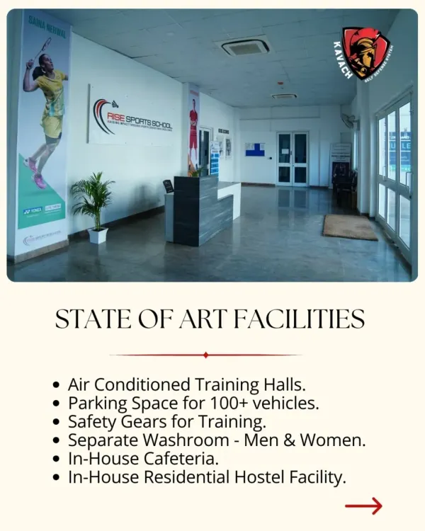 We train at a state-of-the-art facility with air-conditioned halls, safety gear, and separate washrooms. We also offer parking and an in-house residential hostel facility.