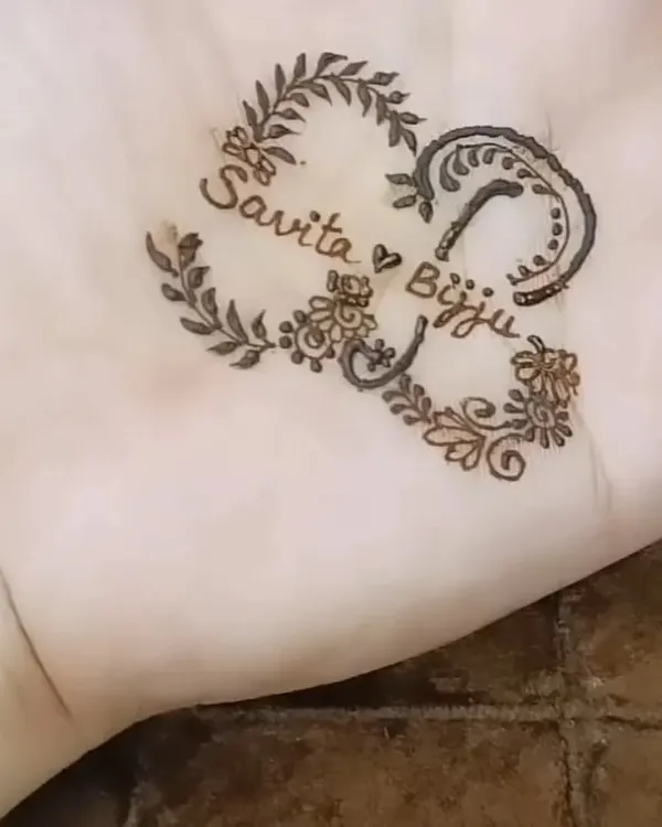 I love adding a personal touch to my designs. Here is an example of a custom heart-shaped design incorporating the couple's names, "Savita" and "Bijju," woven into the pattern.