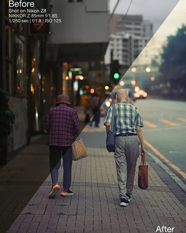 A side-by-side comparison of an elderly couple in Kowloon. The 'After' shot, edited with my presets, adds warmth and a storybook feel, highlighting the emotional connection that was already there.