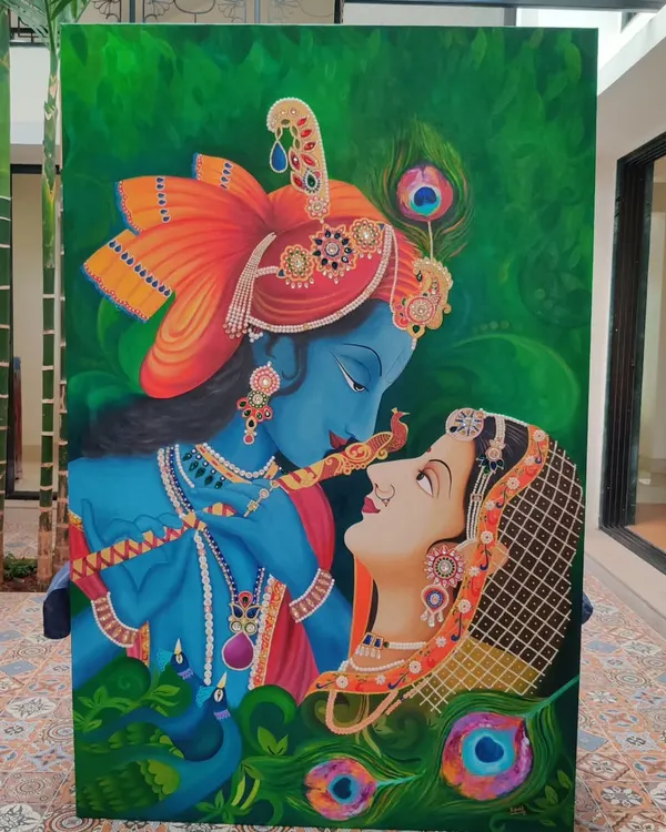 If you're looking for the perfect wall art, let's create it together. Tell me the vibe you're dreaming of, and I will design a custom painting like this Radha Krishna masterpiece that brings your space to life.
