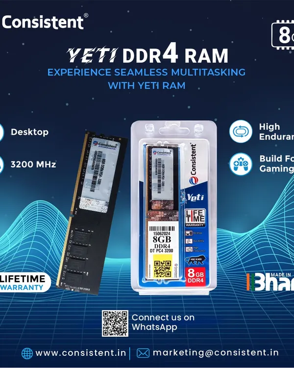 Our Yeti 8GB DDR4 RAM is built for seamless multitasking and gaming. Operating at 3200 MHz, this desktop memory module offers high endurance and comes with a lifetime warranty, proudly made in Bharat.