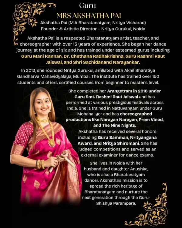 My official bio, detailing my training, achievements, and the philosophy behind Nritya Gurukul.