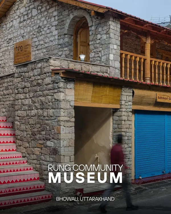 The entrance to the Rung Community Museum, where restored stonework and traditional painted steps welcome visitors into a space reborn from a historic dharamshala.