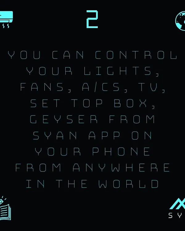 From the SYAN app on your phone, you can control your lights, fans, ACs, TV, set-top box, and geyser from anywhere in the world.
