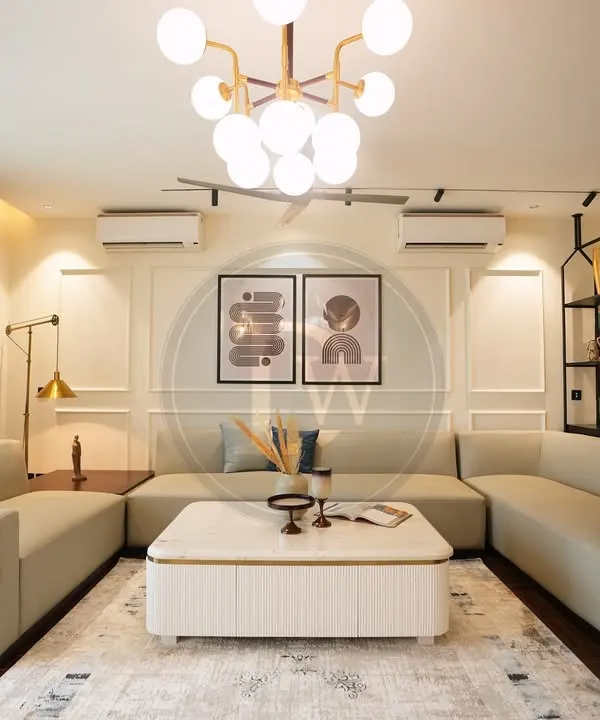 A showcase of a complete living room we designed, featuring a custom U-shaped sectional sofa that combines expansive comfort with a clean, modern aesthetic. This setup is perfect for large family rooms, designed for both entertaining and everyday relaxation.