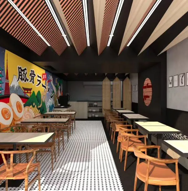 A full view of the Japanese restaurant interior, showing the striking contrast between the colorful, graphic mural on one side and the serene, minimalist seating arrangement on the other.