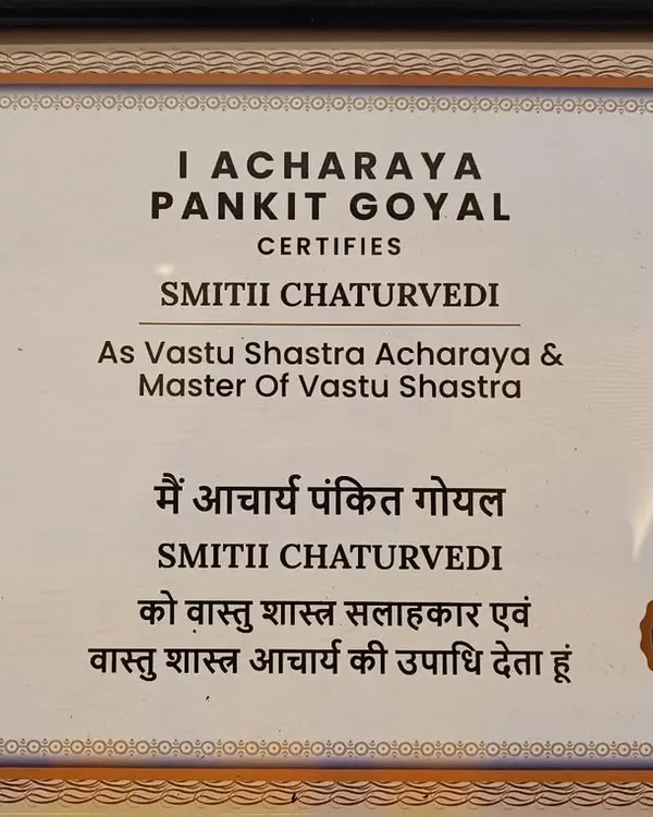 This certificate, naming me a Vastu Shastra Acharya and Master of Vastu Shastra, is a symbol of my dedication. It is my qualification to guide you in correcting your home's energy with authentic and effective Vastu principles.