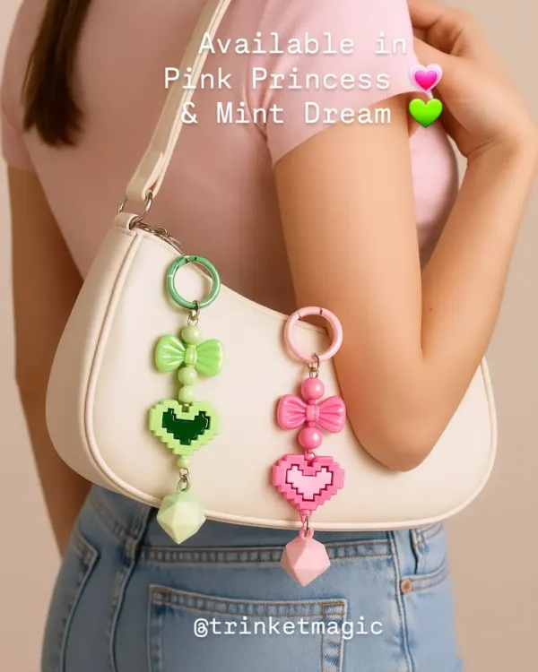 Here are my pixel heart bag charms in action. Available in 'Pink Princess' and 'Mint Dream', these beaded charms add the perfect kawaii touch to any handbag.