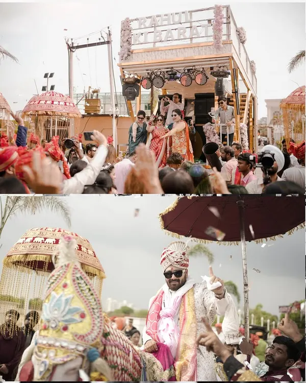 This collage captures the full energy of the Baraat. From the groom's grand entrance on a horse to the guests dancing with abandon, it’s a snapshot of a wild and joyous procession.