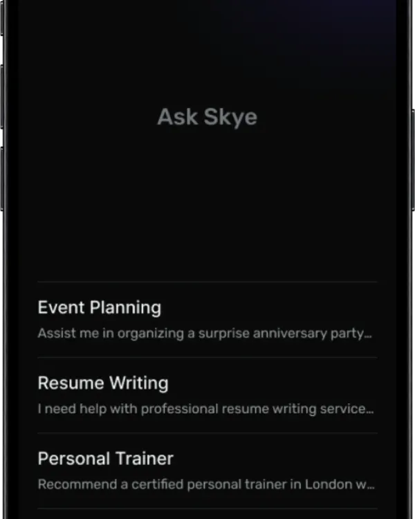 the starting point of a conversational ui. this 'ask skye' screen prompts the user with suggestions like event planning or resume writing, guiding them into a natural language search to find services.