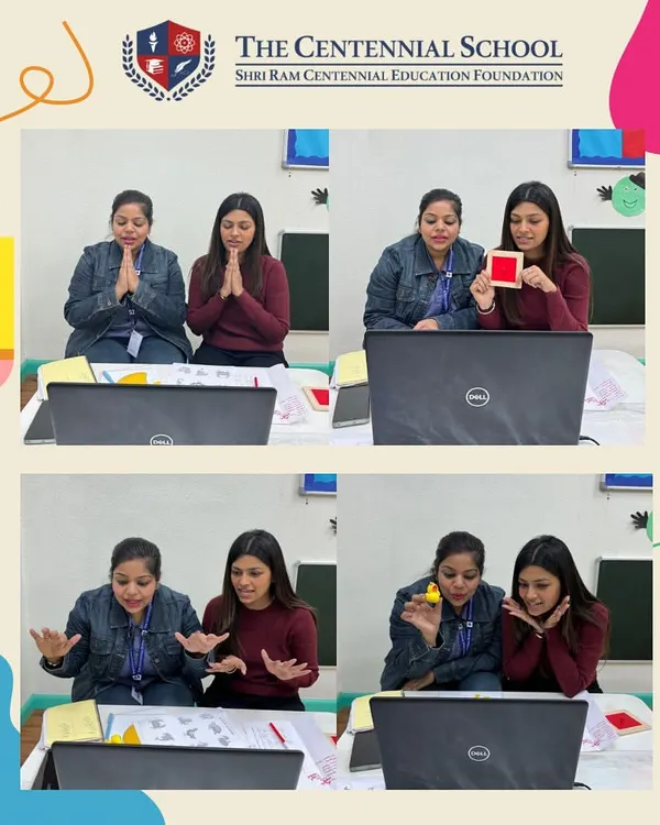 Our teachers leading an engaging online session. We use colorful props and expressive gestures to teach shapes and concepts, ensuring our virtual classes are just as dynamic as our in-person ones.