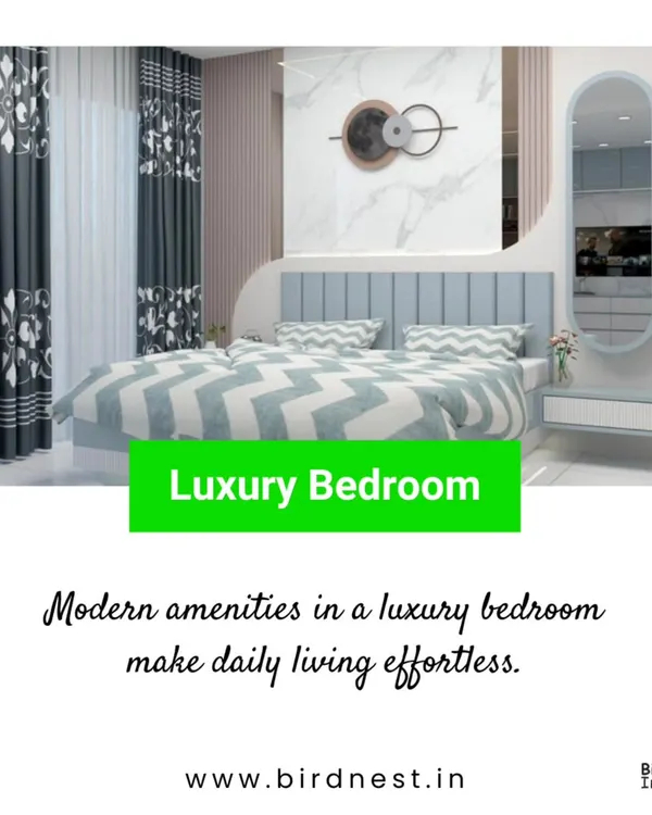 A luxury bedroom design where we paired a stylish upholstered bed with a sleek, wall-mounted dressing table and mirror. The focus is on modern comfort and effortless style.